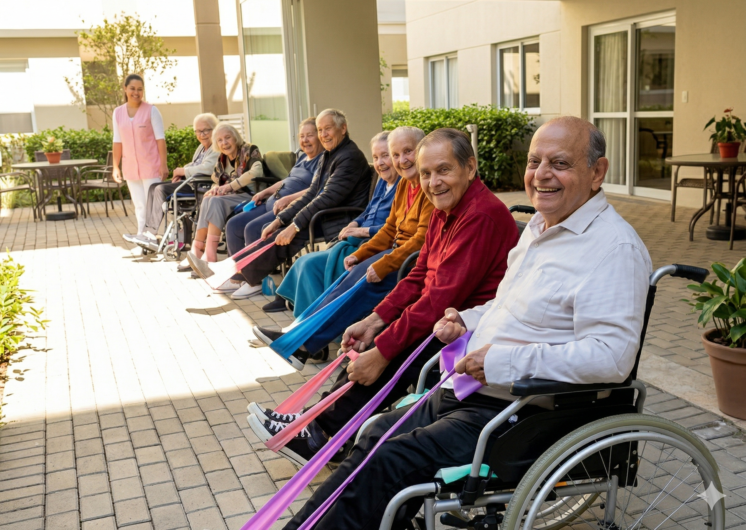 Idosos participando de atividade assistida no residencial Em Família